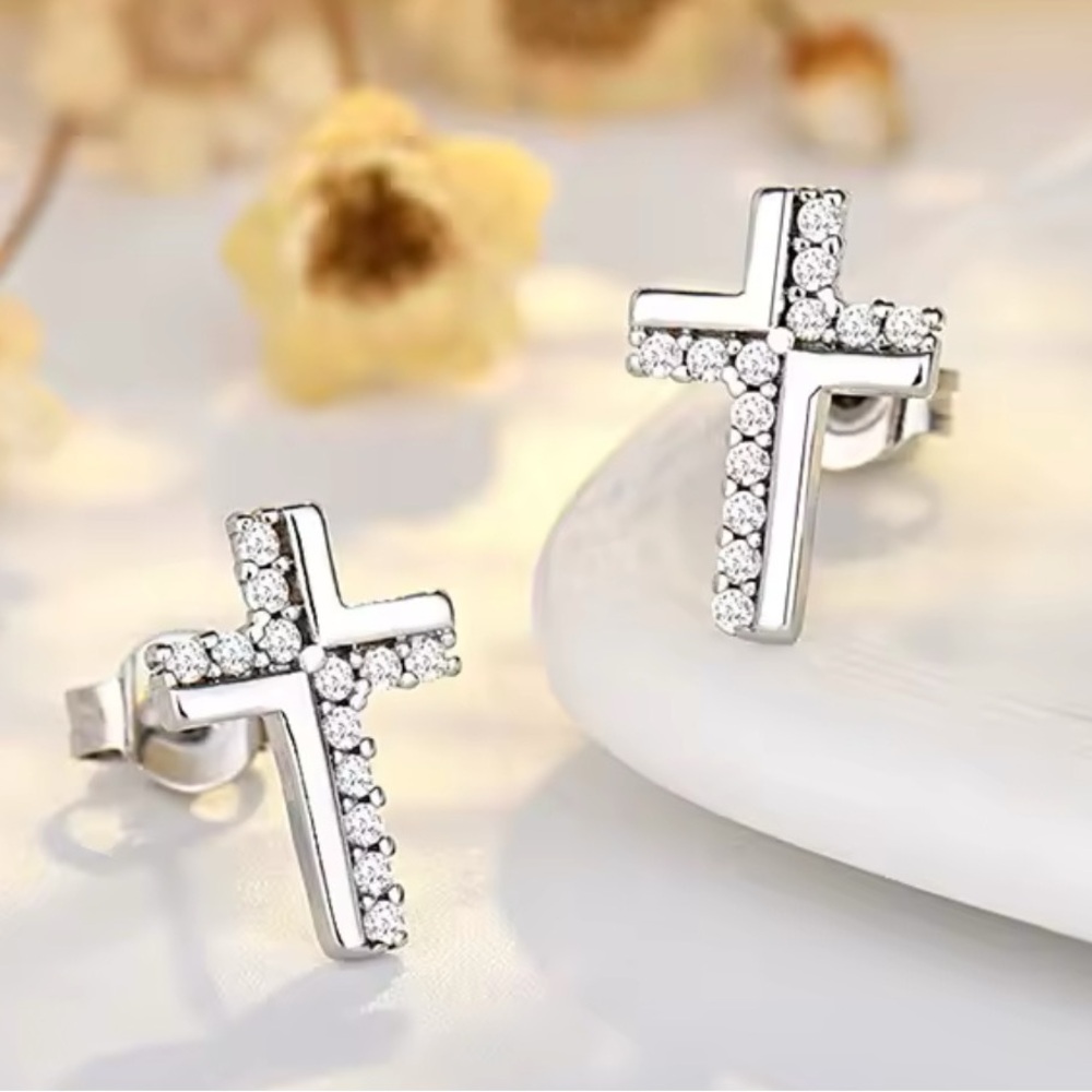 NEW SIMULATED‎ DIAMOND CROSS STUD EARRINGS, RELIGIOUS JEWELRY , MENS JEWELRY